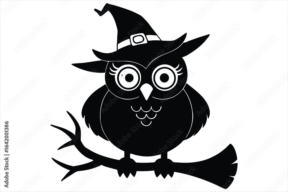 Fototapeta premium Cute cartoon owl wearing a witch hat perched on a branch silhouette