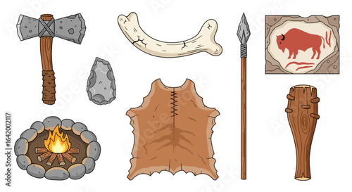 Illustration depicting stone age tools and artifacts including an axe, spear, and cave painting
