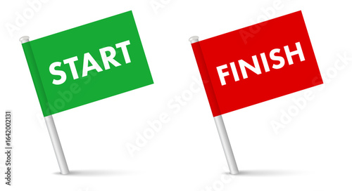 Start and finish map pointer pin flags green and red flag. 3D realistic vector illustration isolated on white.