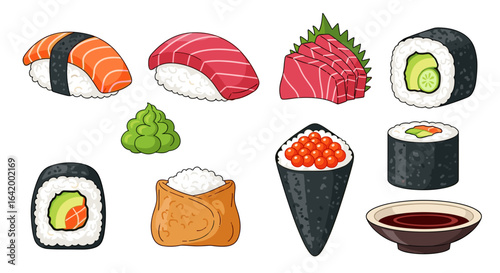 A colorful assortment of sushi and sashimi including nigiri maki temaki and other japanese delicacies