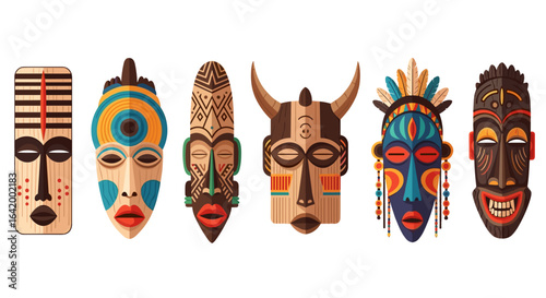 Illustration of six colorful and decorative african tribal masks in a horizontal arrangement