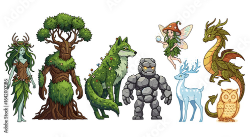 A collection of fantasy creatures including a dryad, tree spirit, wolf, golem, fairy, dragon, and owl
