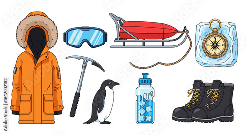 Illustration showing winter expedition equipment including parka, goggles, sled, and compass in ice