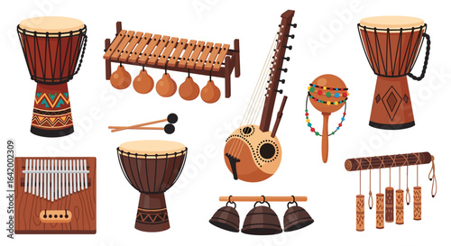 A colorful assortment of african musical instruments including drums, kora, marimba, and kalimba shown