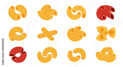 Illustration showcasing a variety of pasta shapes including elbow macaroni and farfalle types neatly arranged