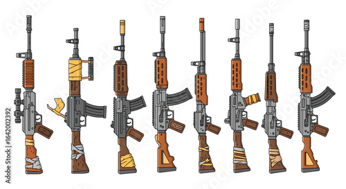 Illustration showing a row of eight assault rifles with various modifications and attachments