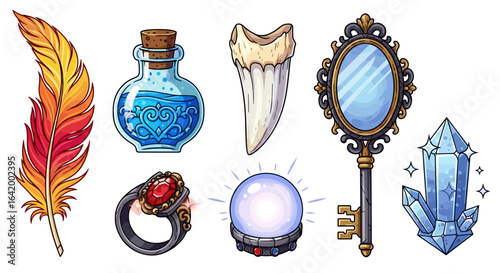 Illustration of a collection of magical items including a feather potion ring tooth and crystal ball