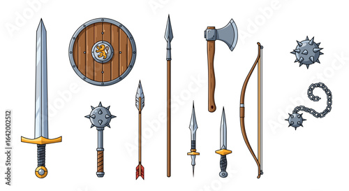 Illustration showing a collection of medieval weapons including swords shield axe and bow and arrow