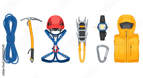 Illustration displaying an assortment of climbing equipment including rope, ice axe, and jacket gear set
