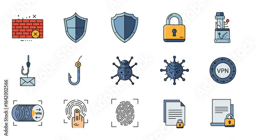 Illustration showing a set of cybersecurity icons including firewall, shields, lock and virus, vpn