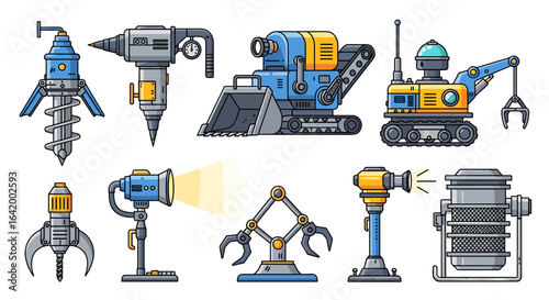 Illustration showcasing a collection of stylized construction and industrial machinery equipment