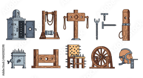 Illustration showing various medieval torture devices including a rack and iron maiden and wheel rack