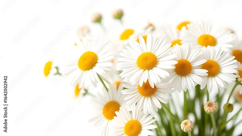 Obraz premium A delicate arrangement of fresh daisies basks in soft daylight against a white backdrop.