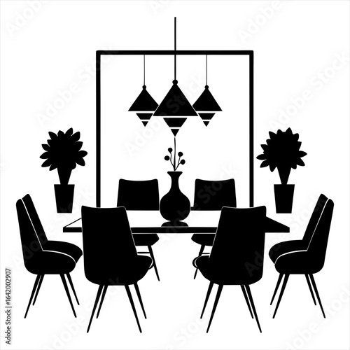 Dining room interior silhouette vector illustration