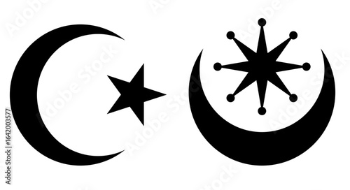 Star and crescent, Islamic symbol, modern and ancient, Byzantine. Flat vector illustration isolated on white background.
