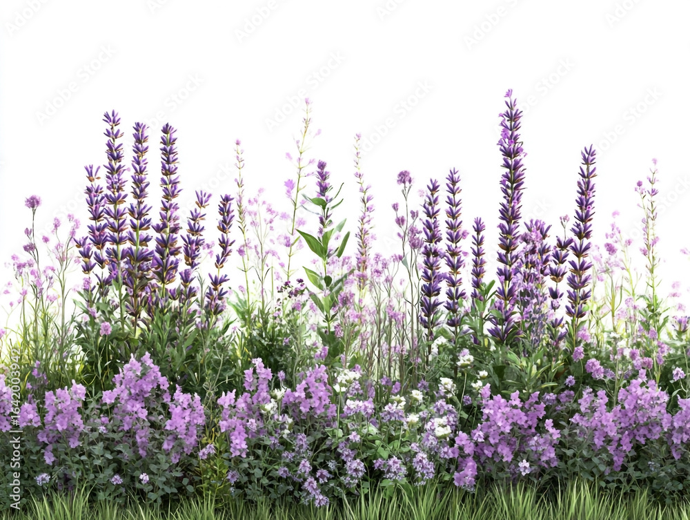 Naklejka premium Lush purple lavender and small purple flowers border with green grass floral border