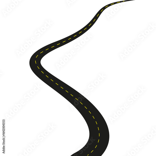 Winding road. Road in the form of a snake. Crooked road, mountain pass. Yellow dotted markings. Highway from perspective to the viewer. Flat vector illustration isolated on white background.
