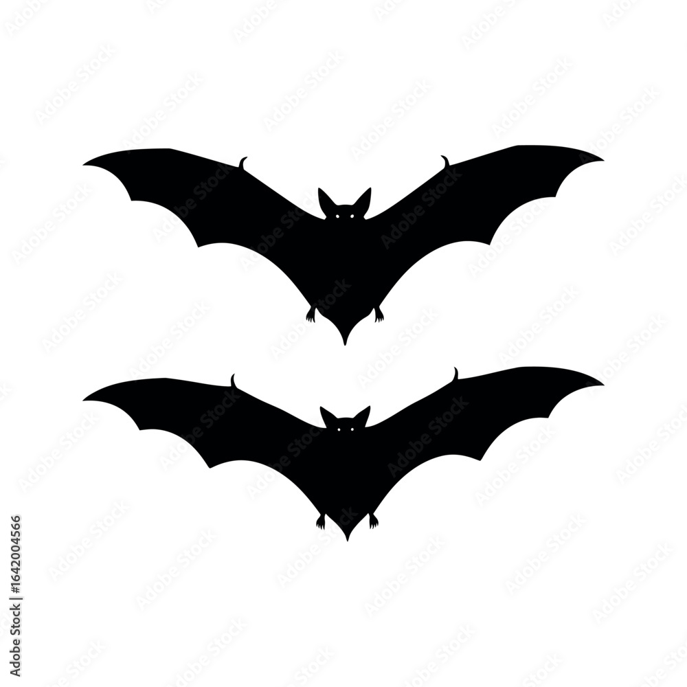 Naklejka premium Two black halloween bats flying in the night sky isolated on white background, spooky creatures