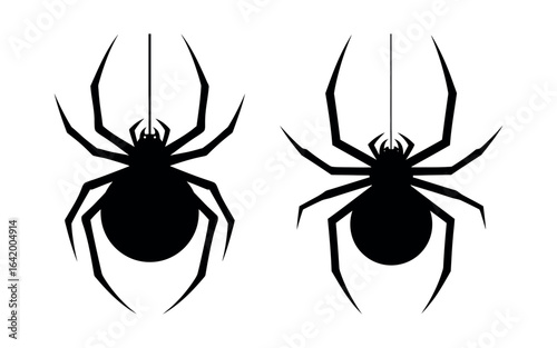 Two spooky spiders hanging from a thread for halloween isolated on white background