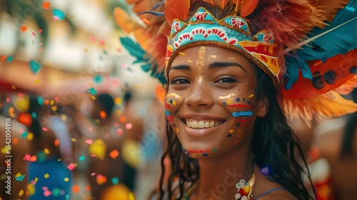 Vibrant Celebration Smiling Woman Festive Costume Confetti