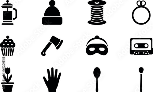Simple Black Glyph Icons:  Coffee, Hat, Thread, Ring, Cupcake, Axe.