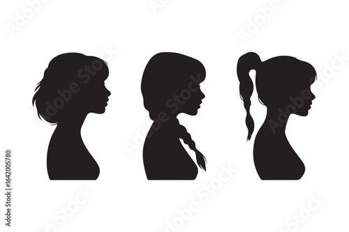 Silhouettes of three girls with different hairstyles in profile view
