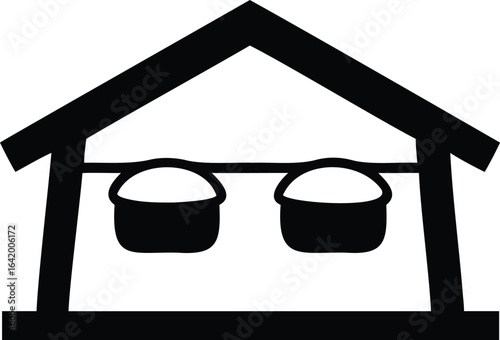 Vector art of a simple bird feeder house with two bowls hanging, isolated on white background, representing wildlife feeding, outdoor garden support, and rustic wooden construction