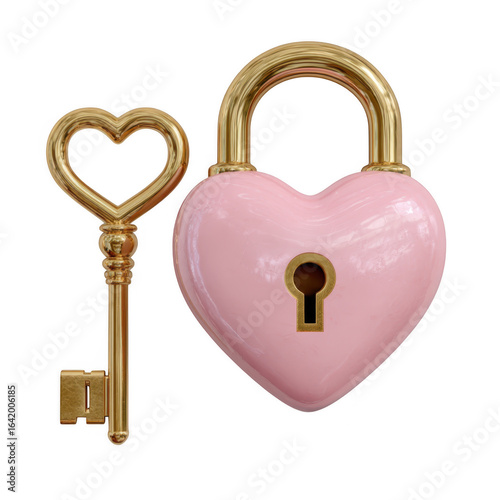 Pink heart shaped lock and ornate key isolated on transparent background