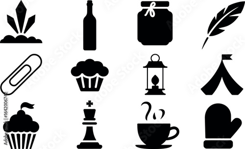 Collection of Simple Black Glyph Icons:  Floral, Food, and Household Items