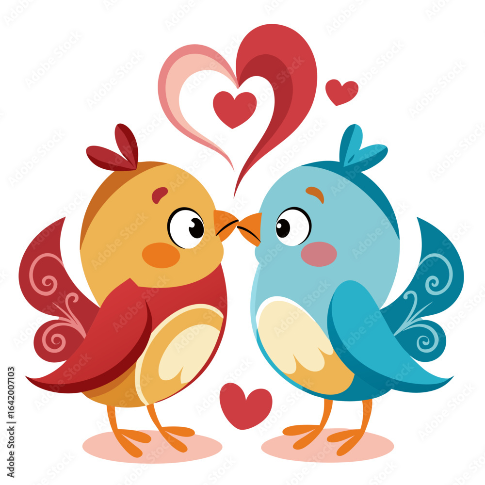 Cute Lovebirds Whispering with Hearts, Romantic Vector Illustration Cute Lovebirds Whispering with Hearts, Romantic Vector Illustration