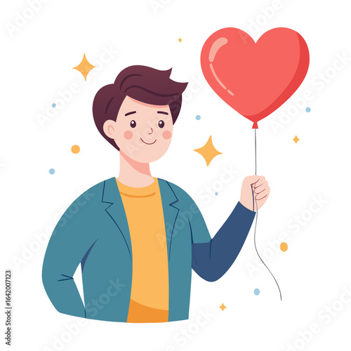 Stylish Person Holding Heart Balloon, Flirting Vector Illustration