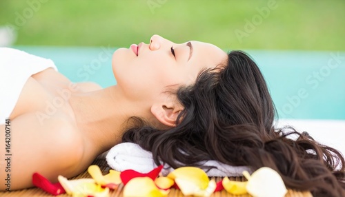 A woman with dark hair lies on her back with closed eyes, a white towel draped over her chest, on a mat covered with flower petals, beside a pool.