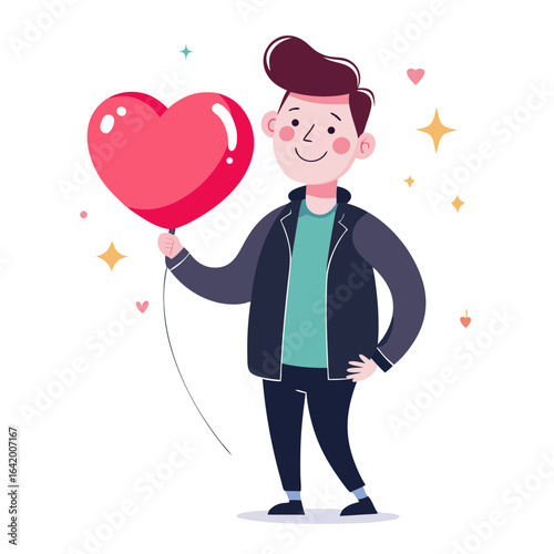 Stylish Person Holding Heart Balloon, Flirting Vector Illustration
