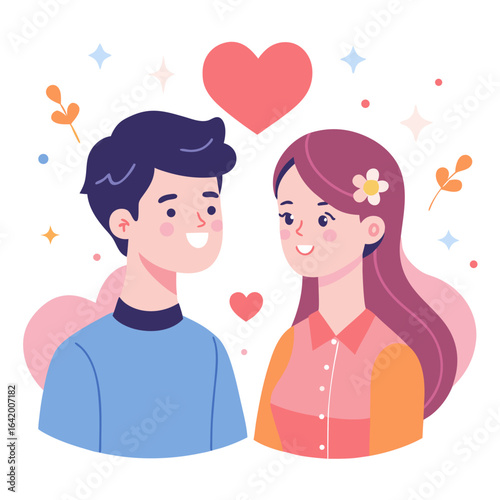 Playful Flirting Couple with Hearts, Romantic Vector Illustration