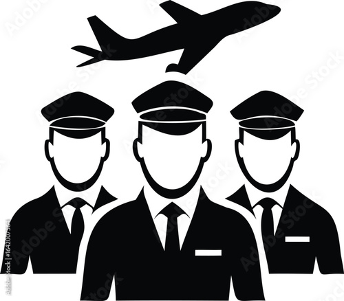 Illustration of a pilot team with an airplane flying above, isolated on white background, representing air travel, aviation services, and professional transportation