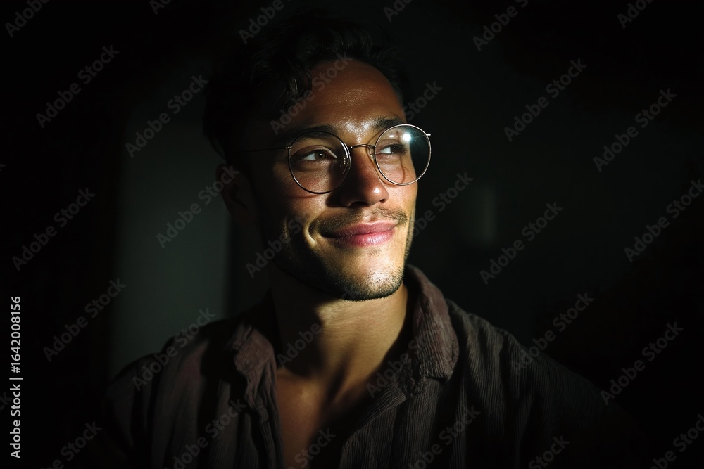 Obraz premium Close-up Portrait of a Man with Glasses in Low Light