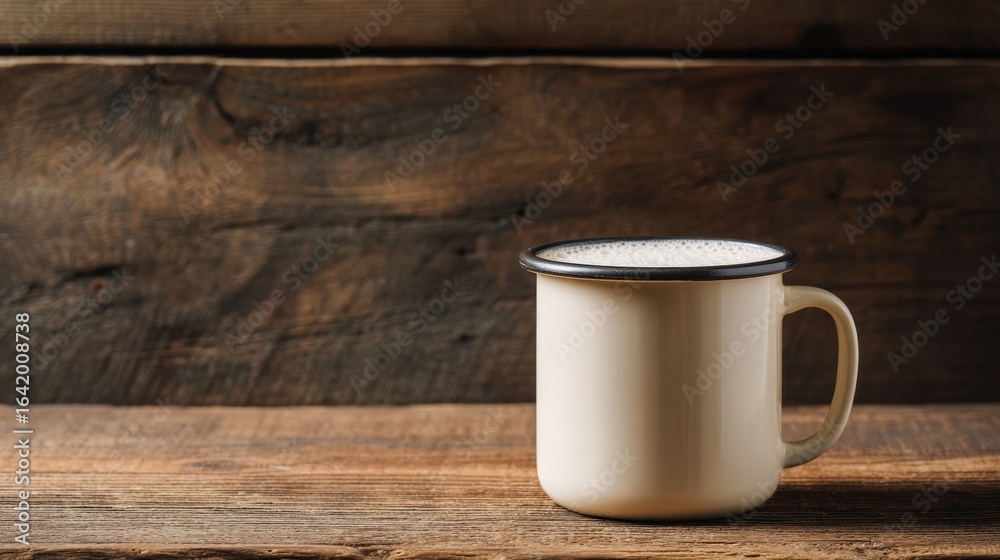 Creamy Hot Beverage in Enamel Mug on Rustic Wooden Table Background Perfect for Autumn or Winter Scenes Creamy Hot Beverage in Enamel Mug on Rustic Wooden Table Background Perfect for Autumn or Winter Scenes