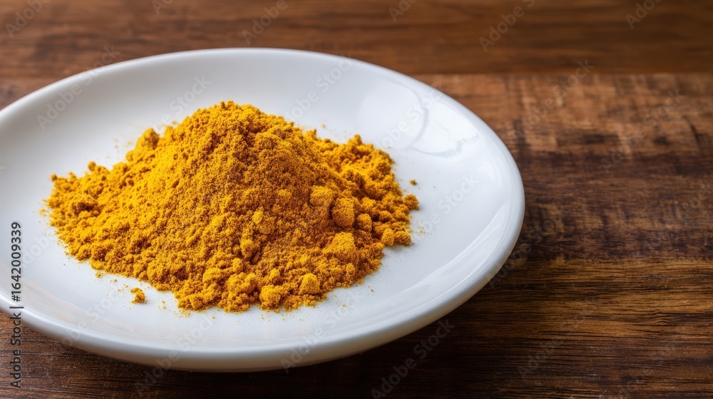 Aromatic Turmeric Powder Pile on White Plate Wooden Background Indian Spice Cuisine Ingredient Aromatic Turmeric Powder Pile on White Plate Wooden Background Indian Spice Cuisine Ingredient