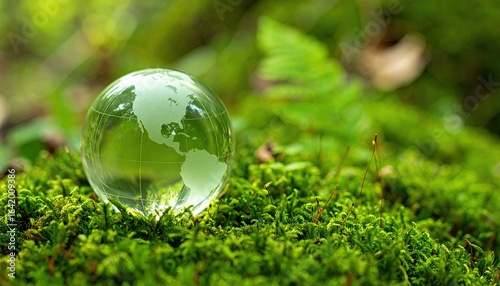 A clear glass globe rests on a patch of vibrant green moss in a natural setting.