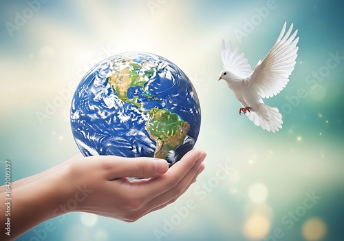 A gentle hand cradles the earth as a white dove of peace soars towards the heavens in a hopeful sky