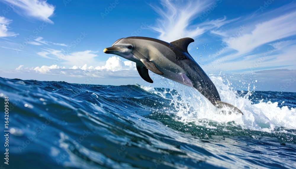 Fototapeta premium A dolphin leaps from a wave in the ocean under a blue sky with scattered clouds.