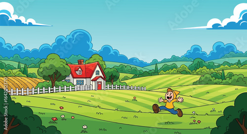 Joyful Leap in the Countryside: A spirited young boy exuberantly bounds across a vibrant green field, with rolling hills, an inviting house and picturesque backdrop. Evoking the essence of freedom.