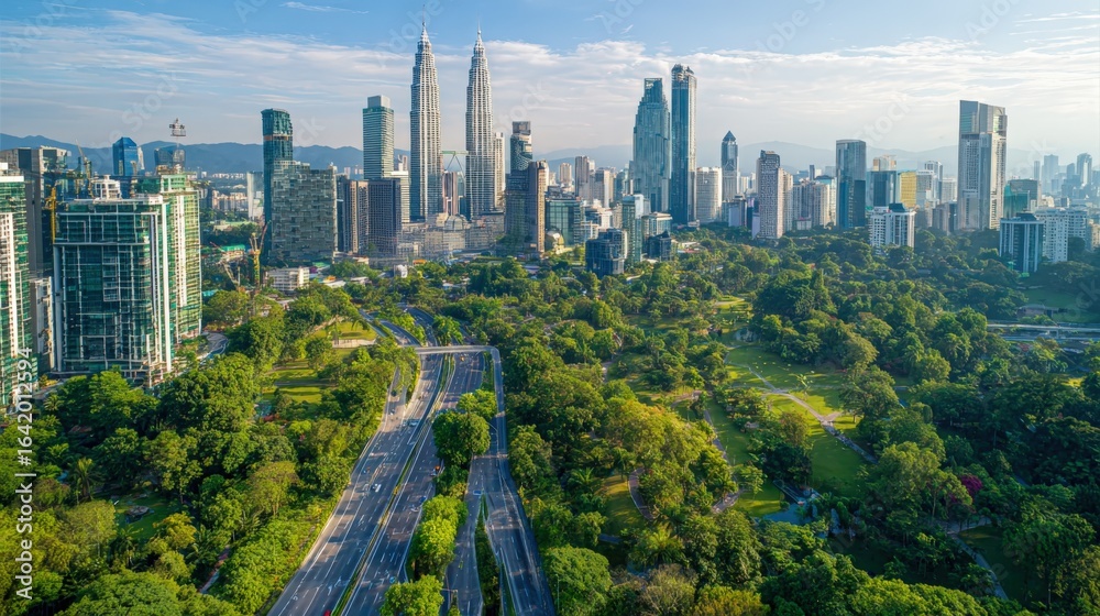 Fototapeta premium Kuala Lumpur Cityscape: A Modern Metropolis with Greenery, Urban Development, and Iconic Skyscrapers