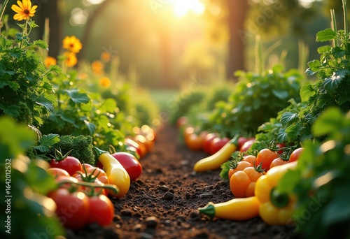 vibrant sunlit vegetable garden abundant fresh greens colorful produce lush outdoor setting, nature, plant, herbs, foliage, harvest, soil, organic, fruit