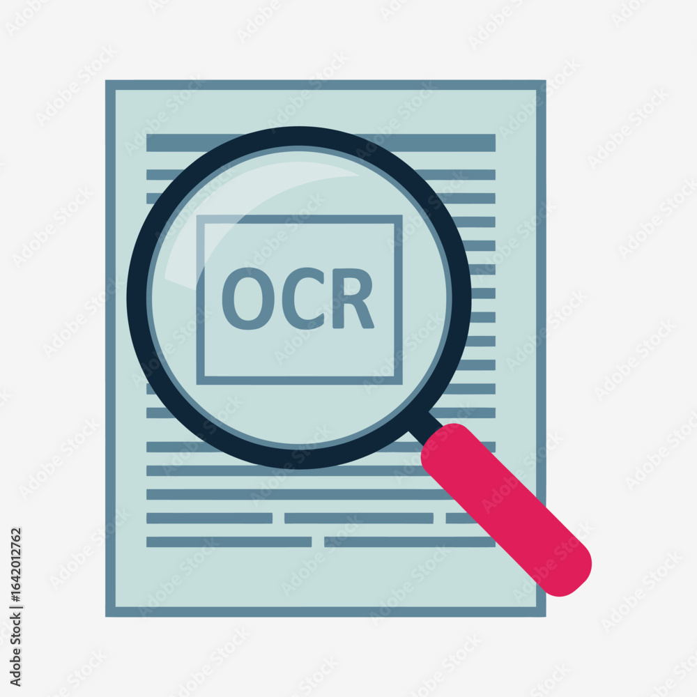 Optical Character Recognition (OCR) Concept Illustration with Magnifying Glass and Document Optical Character Recognition (OCR) Concept Illustration with Magnifying Glass and Document