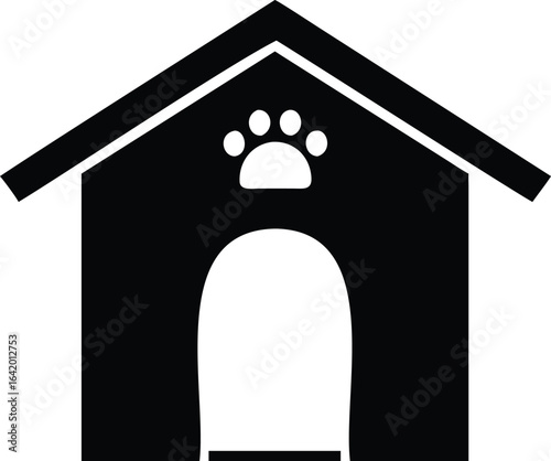 Illustration of a black doghouse with a paw print on a white background isolated on white background, perfect for petrelated designs and branding