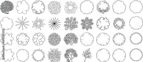 A collection of diverse hand-drawn CAD tree and bush symbols for architectural and landscape design plans with detailed foliage