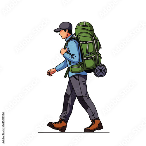 Illustration of a hiker with a large backpack, ready for an outdoor adventure and exploration