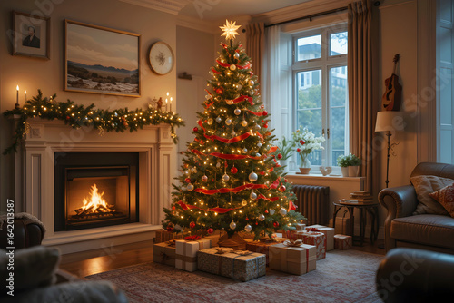 Cozy Christmas Living Room with Decorated Tree and Fireplace