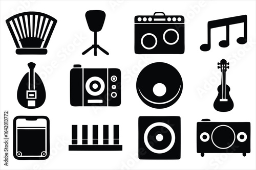 Collection of musical instruments and audio equipment icons in a clean silhouette style
